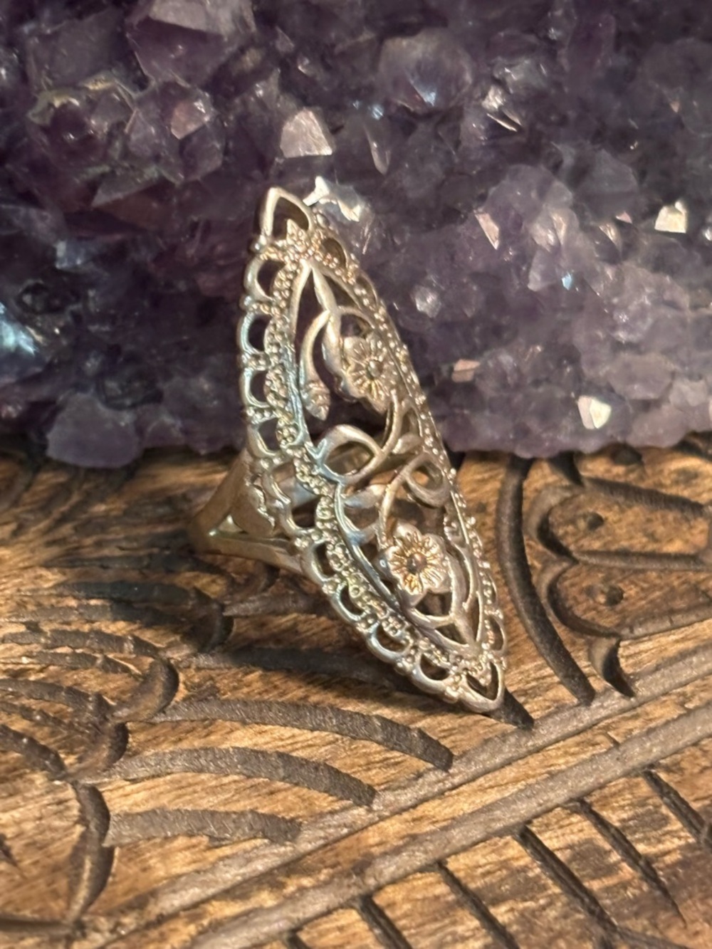 Western Vintage-Style Sterling Silver Filigree Floral Long Ring